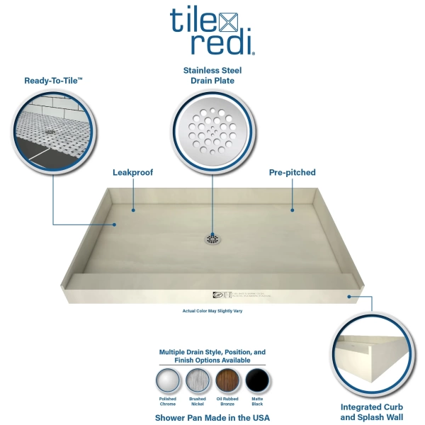 Redi Base® Single Curb Shower Pan With Center Drain, 32″D x 32″W - Image 3